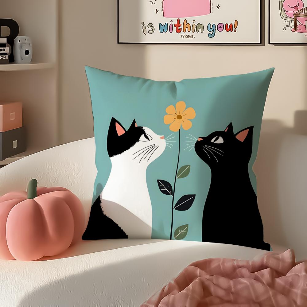 Cute Tiny Adorable Art Cartoon Little Black Cat Cushion Cover Pillowcase Short Plush Invisible Zipper Room Sofa Cushion Cover