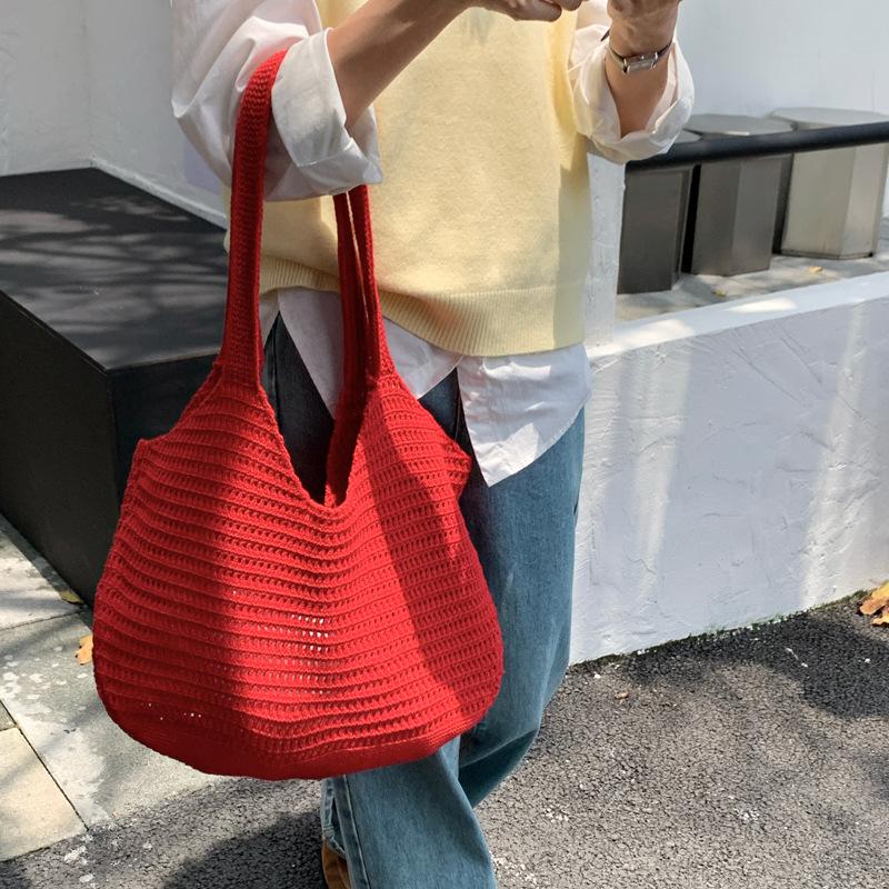 Korean Style Polyester Knit Tote Bag for Women Woven Shoulder Beach Purse