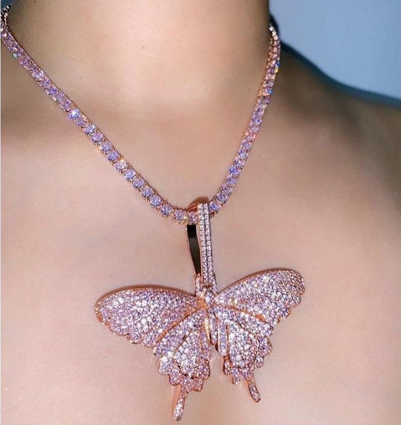 In Stock Fashion Women Iced Out Bling Brass Jewelry CZ Tennis Chain Butterfly Charm Pendant Choker Necklace for Wedding & Party