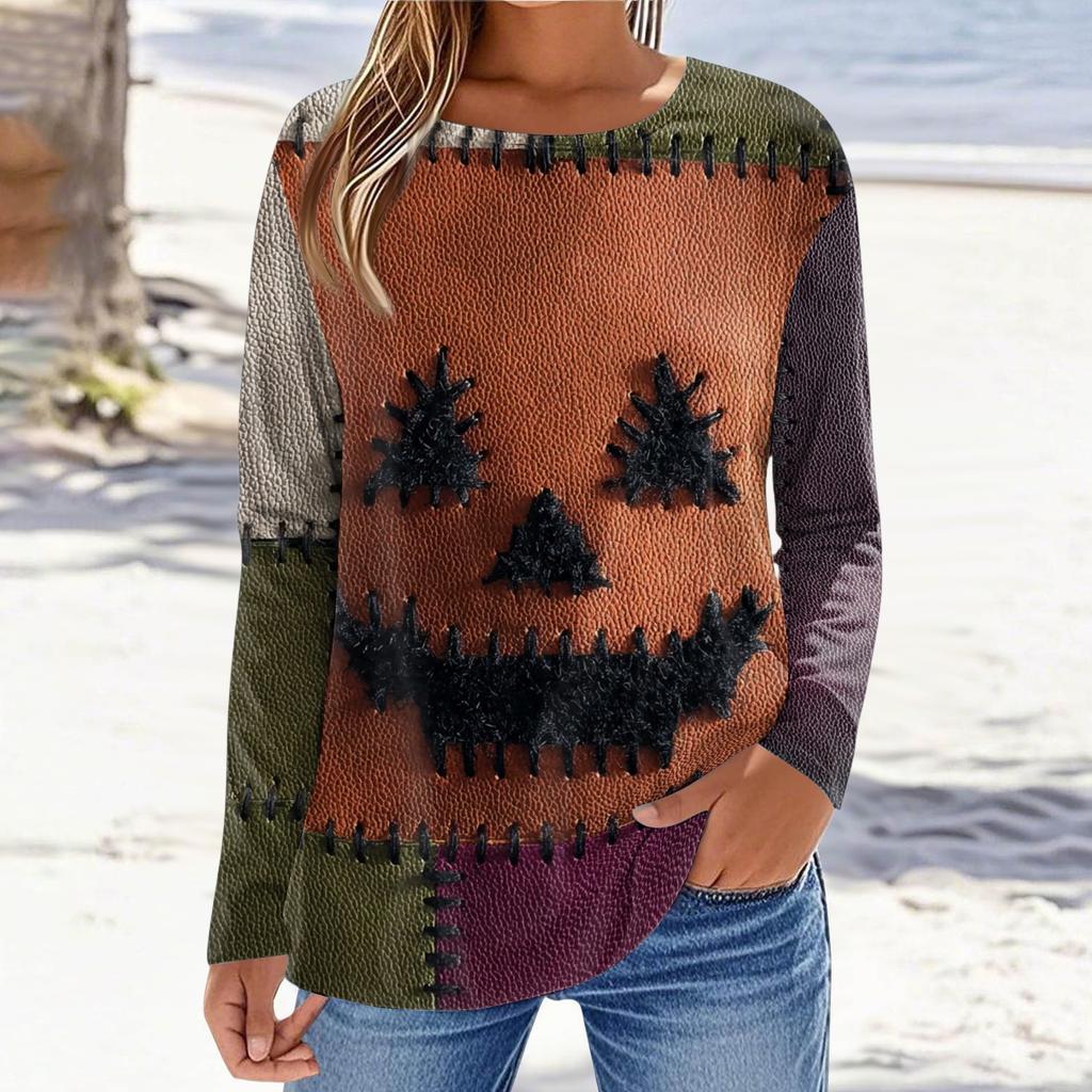 Women's Halloween Long Sleeve Printed Crewneck T-Shirt, Casual Fall Top