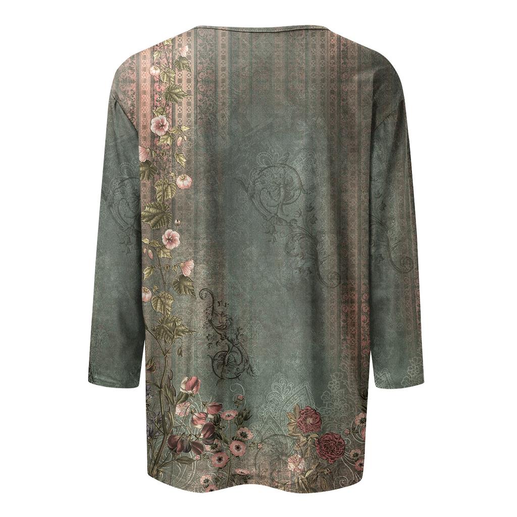 Damen T-Shirt mit V-Ausschnitt und Dreiviertelärmeln, lässig, Retro-Print