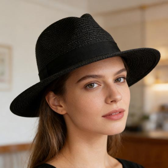 Straw Hat High-Density Natural Straw Fabric Lightweight Breathable Sun Protection Wide Brim Flat Top Summer Hat