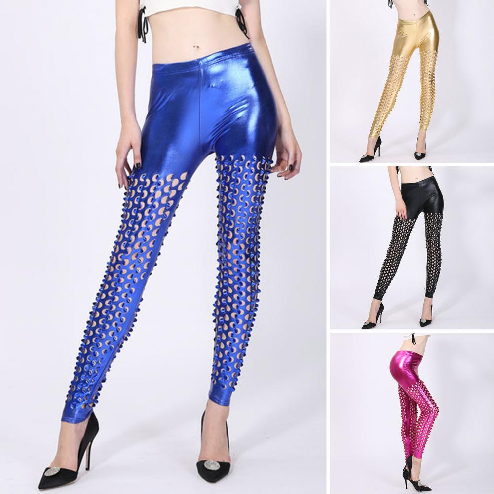 Frauen Skinny Pants Hohl Fischschuppen Shiny Metallic Einfarbig Elastische Taille Damen Rack Band Bühnen Performance Hose Disco