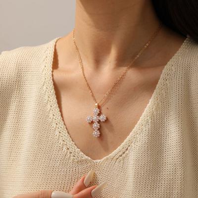 Vintage Cross Necklace European and American French Baroque Pearl Pendant Niche High-end Collarbone Chain