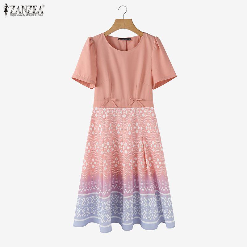 ZANZEA Women Casual Round Neck Short Sleeve Print A-Line Dress