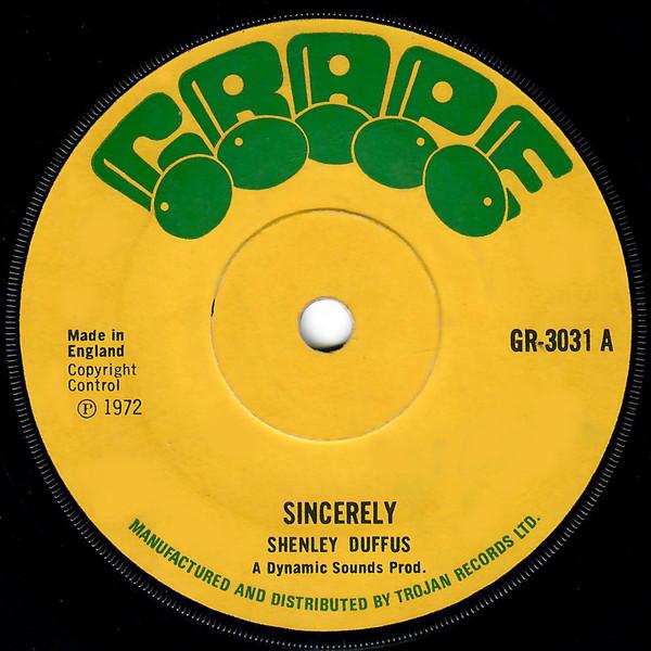 

7inch Record SHENLEY DUFFUS Sincerely GR3031 GRAPE 1972 UK Reggae Ska Dub Used