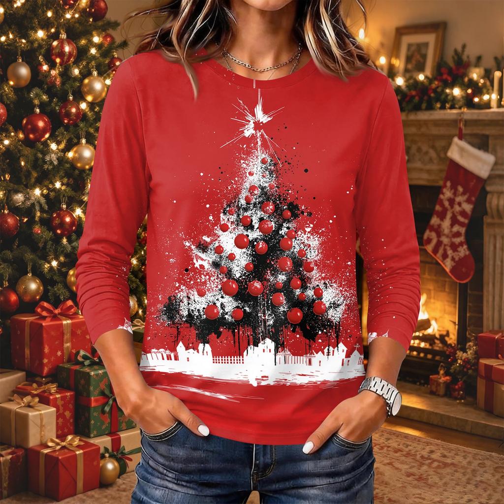 Women's Christmas Print Neck Long Sleeve Pullover Top