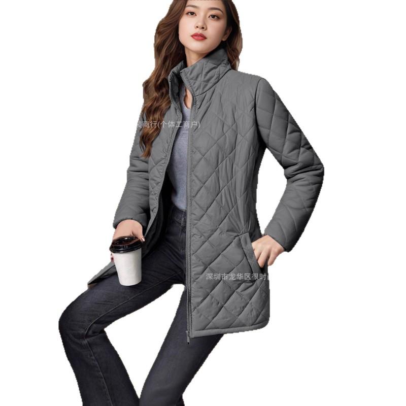 2026 Solid Color Quilted Long Sleeve Cotton Jacket Women Streetwear Mid Length