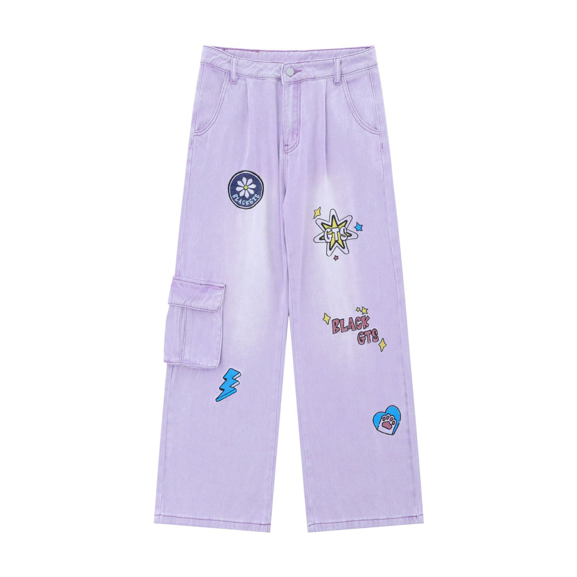 

Американський дизайн, модні брендові джинси з графіті, рожеві джинси, прямі бавовняні джинси для жінок XL фіолетовий