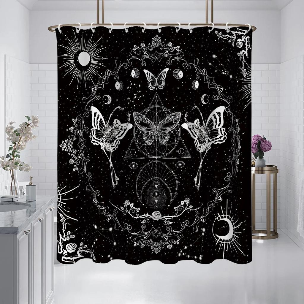 1Pc Skull And Butterfly, Gothic Style Shower Curtain, Waterproof, Washable, With 12 Hooks, Bathroom Shower, Bathtub, Home Use