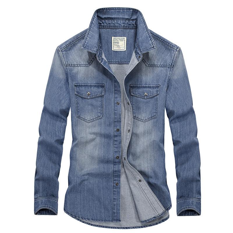 Podzimní pánská džínová praná košile s dlouhým rukávem retro pracovní košile