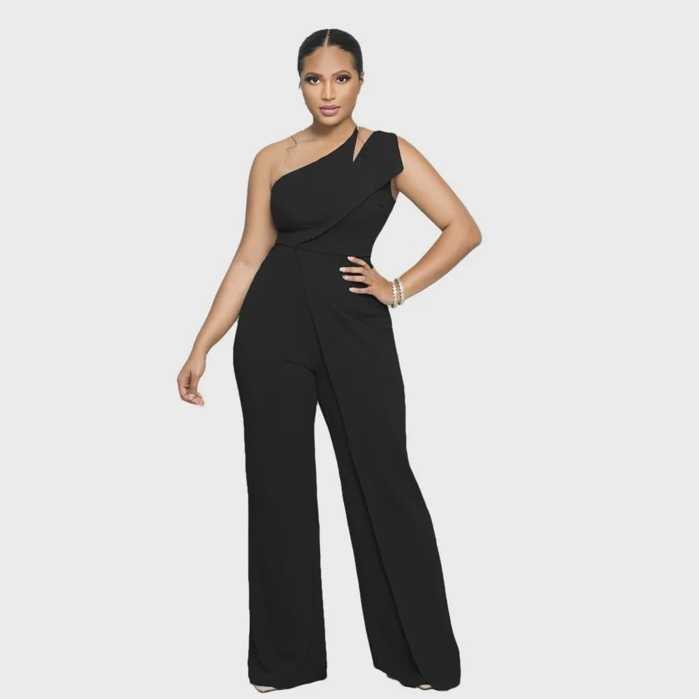 9904 European & American Sexy Sleeveless One-Shoulder High Waist Straight Jumpsuit