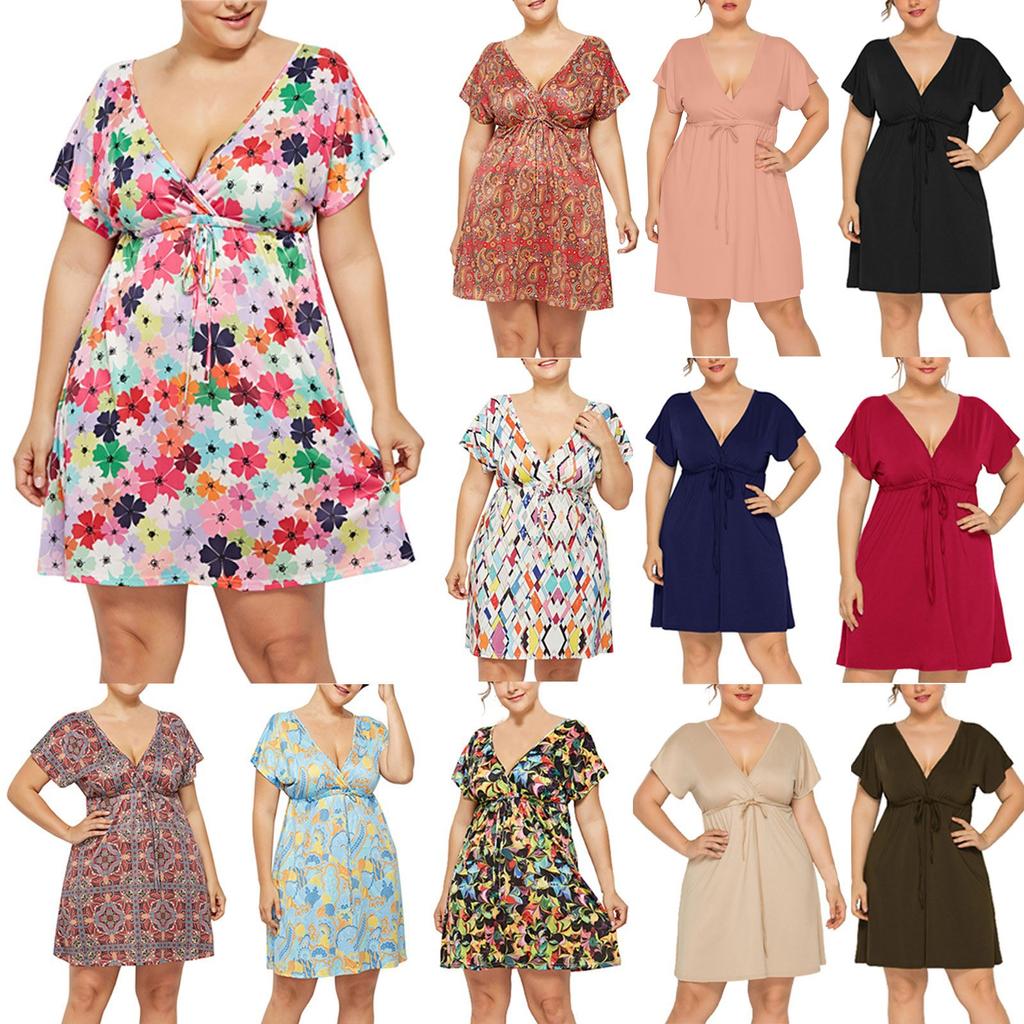 Women's Casual High Waist Belly Concealing V-Neck Drawstring Plus Size Dress