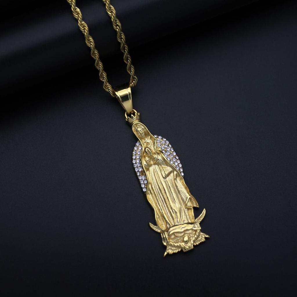 Religious Virgin Mary Pendant Amulet Necklace Stainless Steel Christian Jewelry Rhinestone Prayer for Women Collar