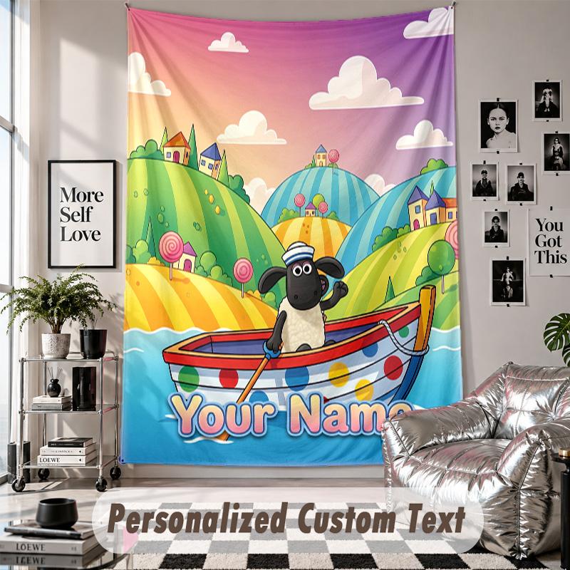 Wall Hanging Tapestry With Custom Name & Text, Shaun the Sheep Decorative Tapestry For Bedroom