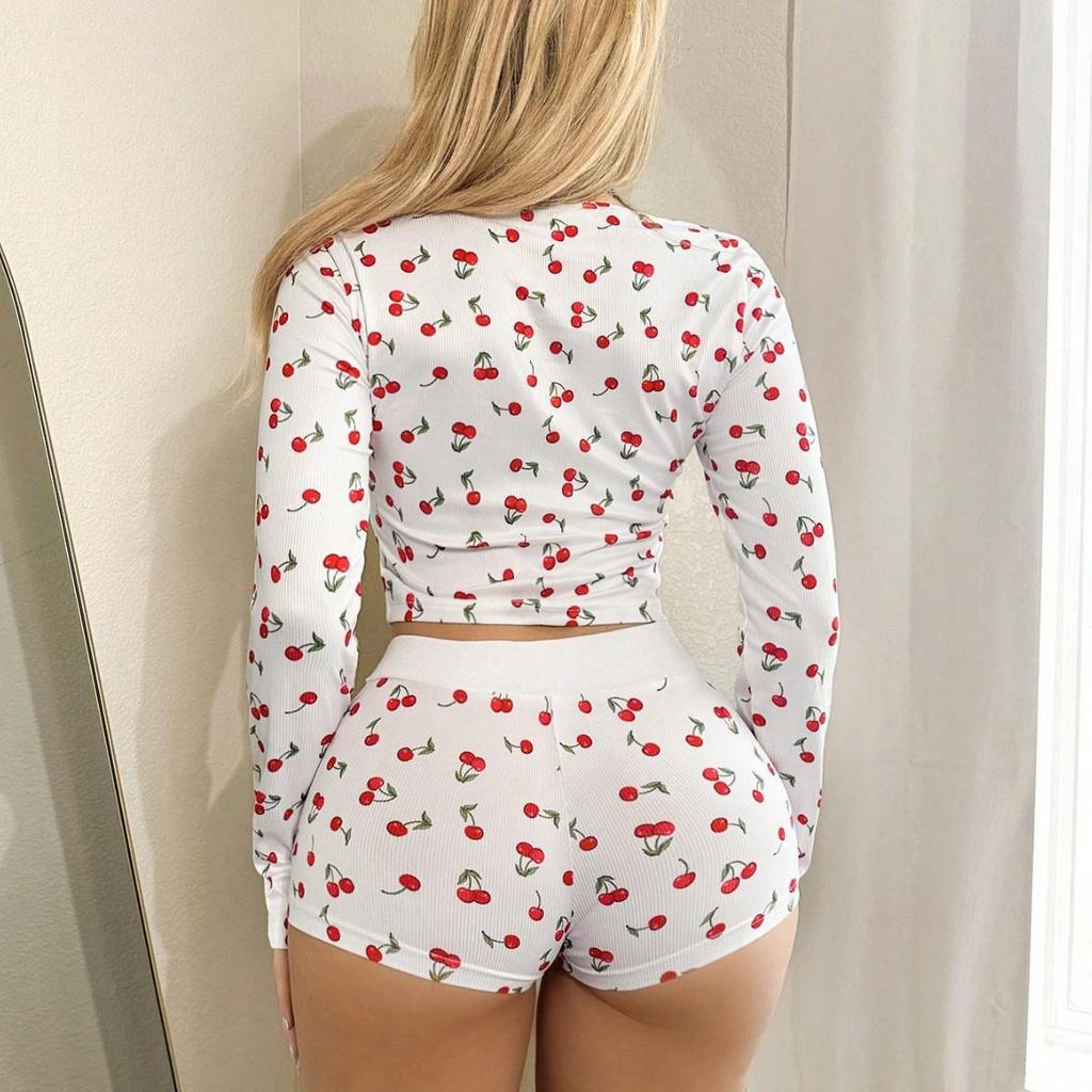 New Cherry Elastic Cardigan Pajama Set - Fashionable Long Sleeve & Shorts for Women