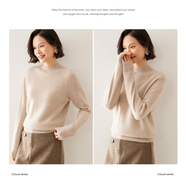 Women's Classic Cashmere Sweater - Autumn/Winter Style, Seven-Stitch Half-High Collar, Regular Shoulder, Long Sleeve, Solid Color, Commuter-Friendly.