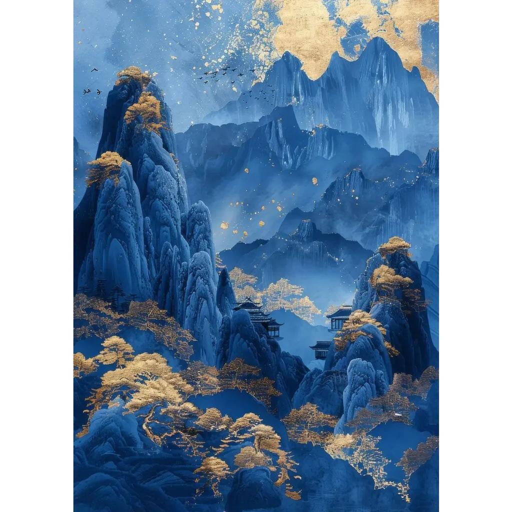 Landscape Blue Mountain Tree Forest Pine Temple River Gold Sun Poster Canvas Painting Print Wall Art for Living Room Home Decor