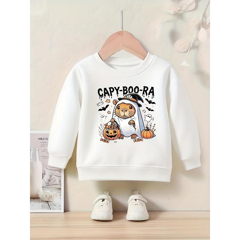 Halloween Cute Capybara Little Pattern Print Sweatshirt, Pumpkin Halloween Holiday Atmosphere Print Girls 110 белый