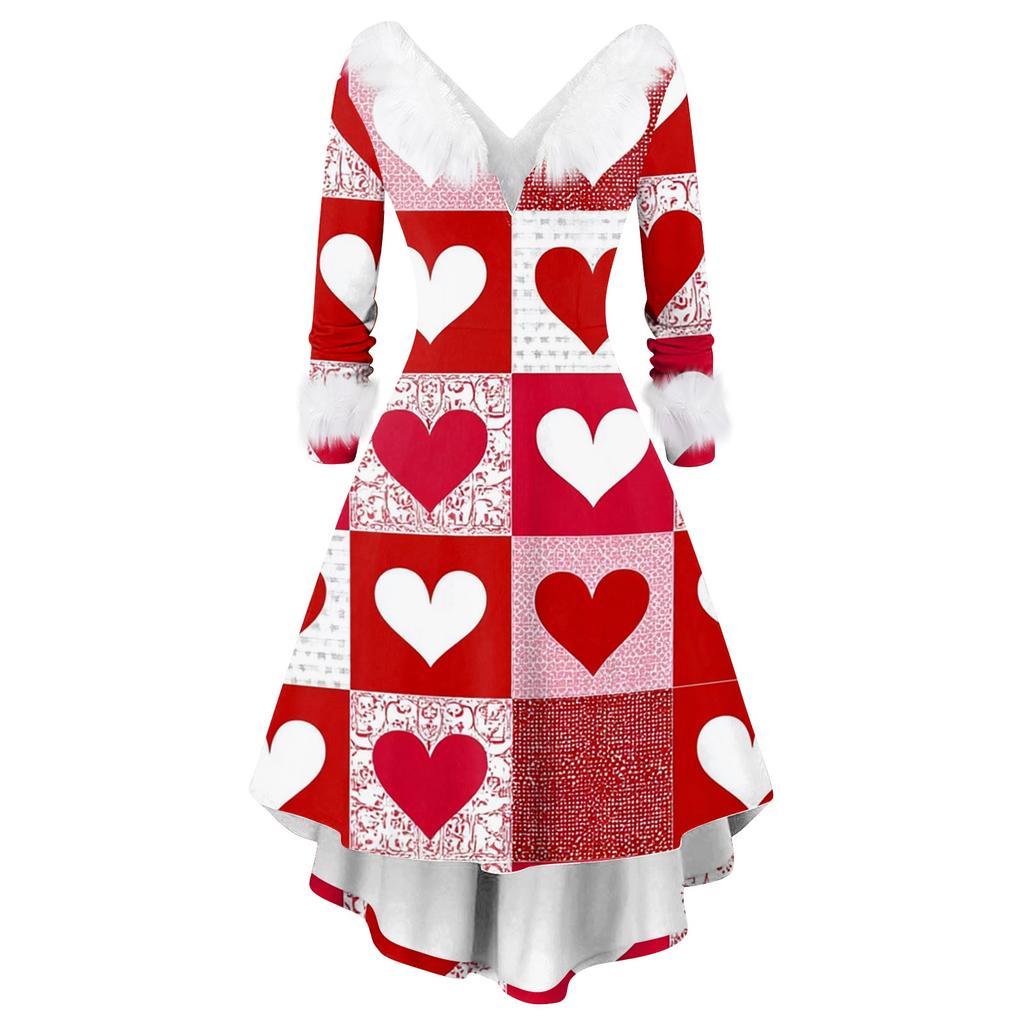 Damen stilvolles und elegantes langärmeliges V-Ausschnitt Kleid mit Valentinstags-Herzprint
