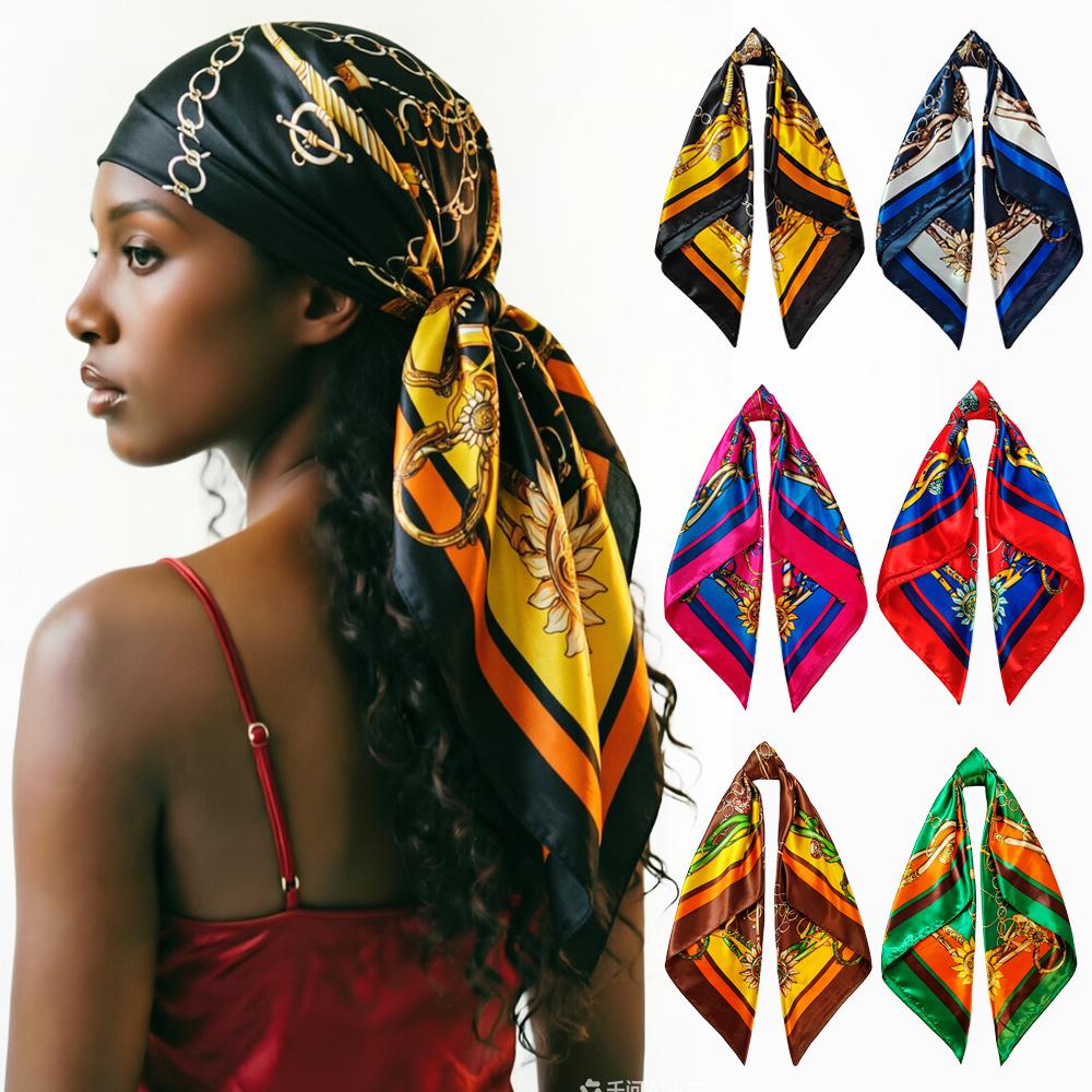 90cm Black Silk Scarf - Women's Versatile Retro Chain Print Square Headscarf