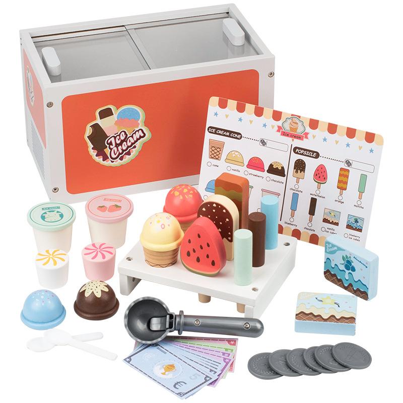

Children Pretend Play Toys Wooden Simulation Role Play Game Freezer Refrigerator Ice Cream Selling Montessori Educational Toys