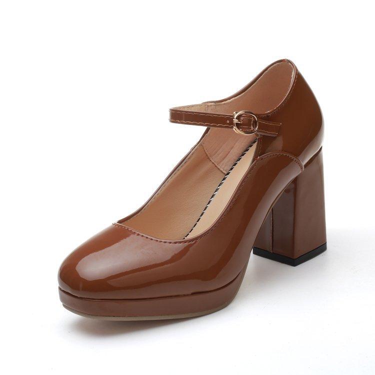 High heels single shoes women's spring new thick heel buckle Korean version shoes women solid color Korean version round head