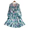French pure desire V-neck long-sleeved dress women's autumn strap waist thin beautiful chiffon printed lotus leaf edge skirt