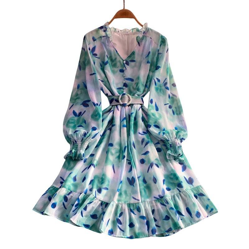 French pure desire V-neck long-sleeved dress women's autumn strap waist thin beautiful chiffon printed lotus leaf edge skirt