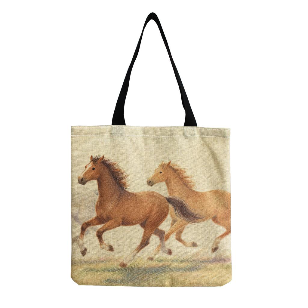 Damen Vintage Leinen-Tragetasche - Große Kapazität Pferdedruck Schulter-Handtasche für Freizeit & Lebensmitteleinkauf KTB