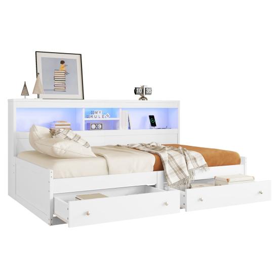 Double Bed High Durability Open Shelves Ambient Light Design Good Load Capacity Built-in Charger Heavy Duty Bedroom Sofa Bed with Drawers for