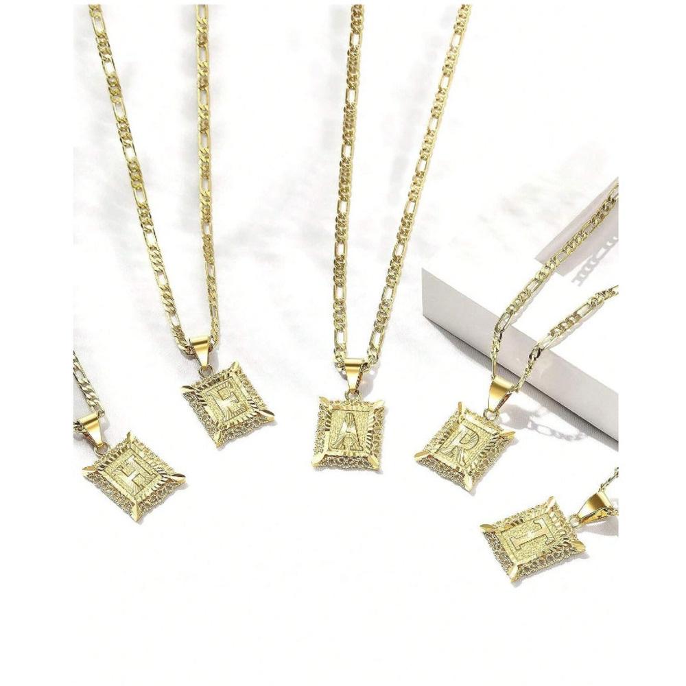 Initial Necklace Square Letter Pendant Necklace Capital Monogram Necklace Alhpabets From A-Z Figaro Chain Necklace