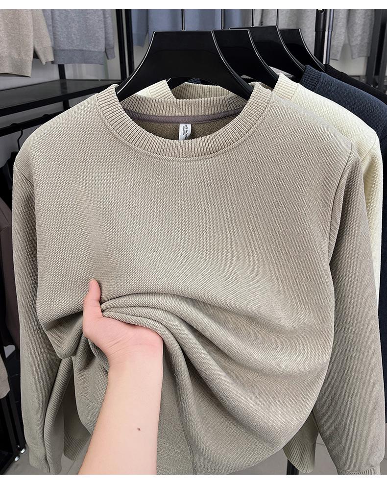 Men's Winter Warm Velvet Knit Pullover Sweater - Solid Color, Round Neck, Versatile Layer
