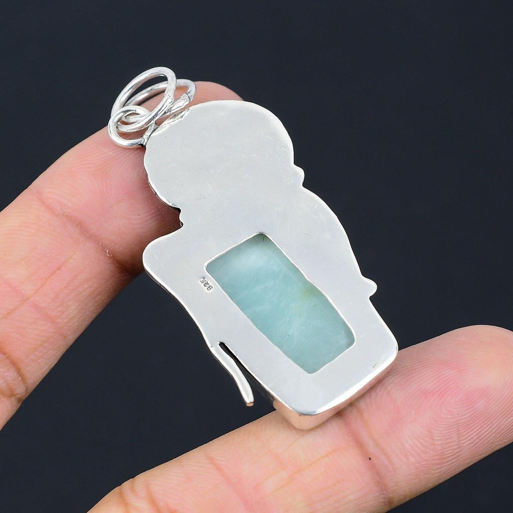 Gift For Women Pendant 925 Sterling Silver Natural Carved Amazonite Gemstone
