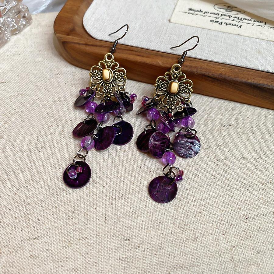 Cercei cu ciucuri în formă de scoică rotundă pentru femei, stil etnic retro, cârlige de urechi, cercei lungi boemi, temperament, lux, designer, zircon