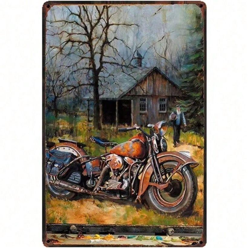 Vintage Tin Sign Old Man Motorcycle Metal Wall Art Retro Decor