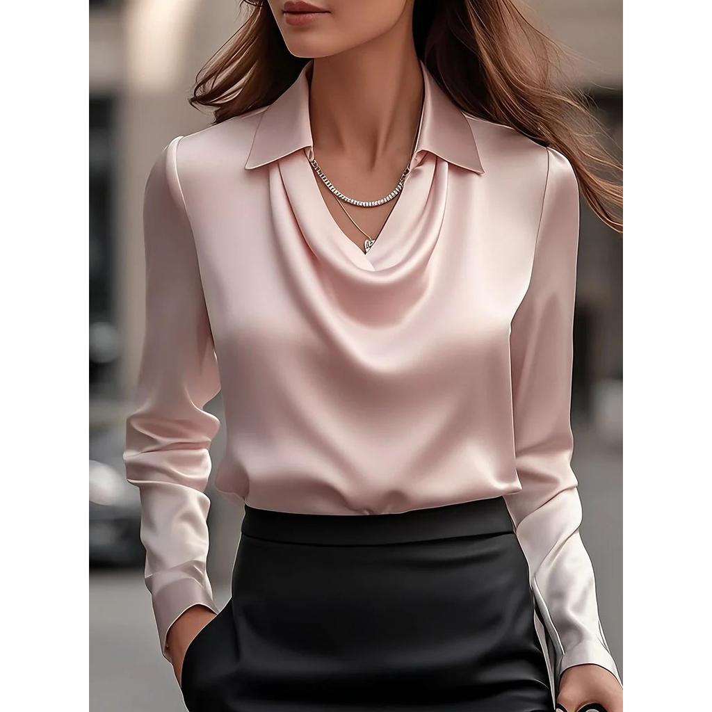2025 Frühling Herbst Damen Bluse mit drapiertem Ausschnitt, Elegantes Hemd mit Schleife am Kragen, Lässige Passform, Minimalistisches Business Casual Oberteil für Arbeitskleidung