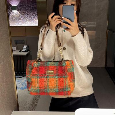Women Plaid Pattern Satchel Simple Casual Plush Female Commute Handbags Autumn Winter Fashion Lady Shopping Bags Purse