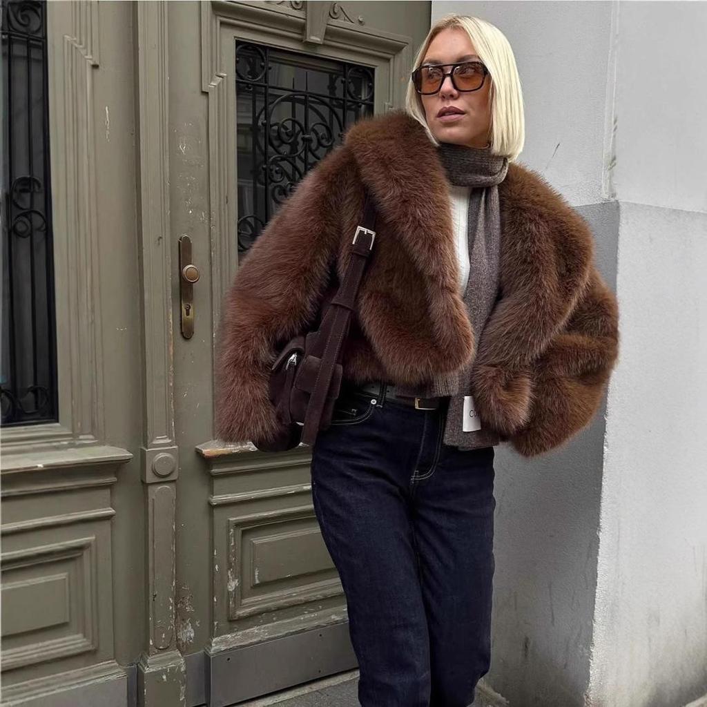 Vintage-Style Eco-Friendly Faux Fur Short Jacket In Brown - European & American Winter Women's Fashion