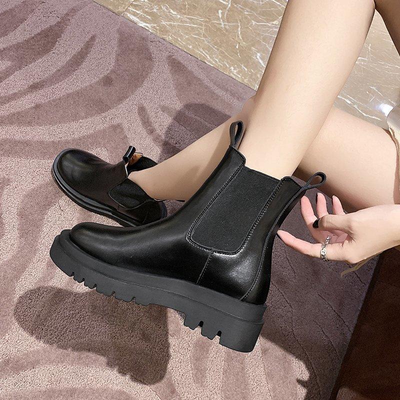 Women's thick-soled short boots, autumn new medium tube thin boots, round head elastic cigarette boots