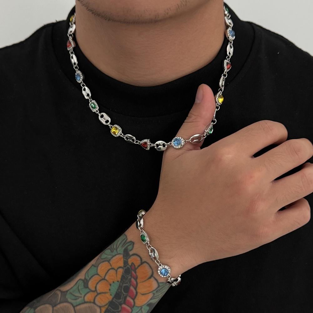 Y2K Multi Color Rhinestone Gemstone Necklace Bracelet Set for Men Trendy Male Collarbone Chain Accessories Fashion Jewelry Gifts