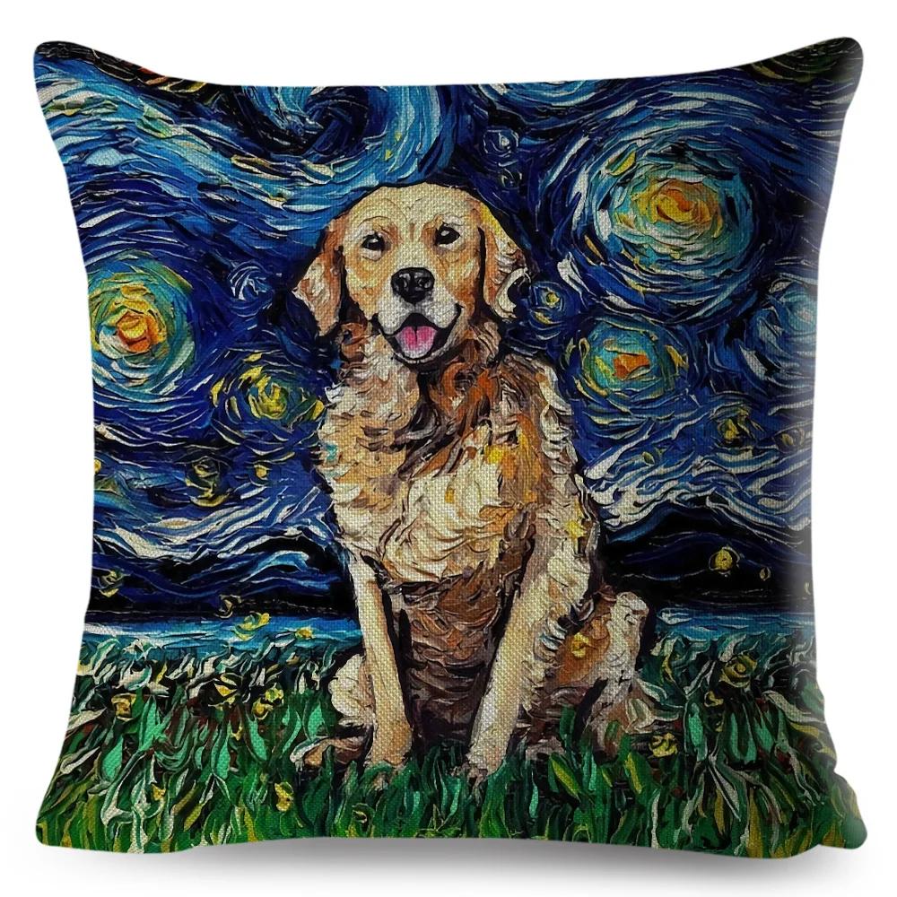 Both Sided Starry Sky Dog Cushion Cover Decor Oil Painting Cartoon Pet Animal Pillow Case for Sofa Home  Linen Pillowcase