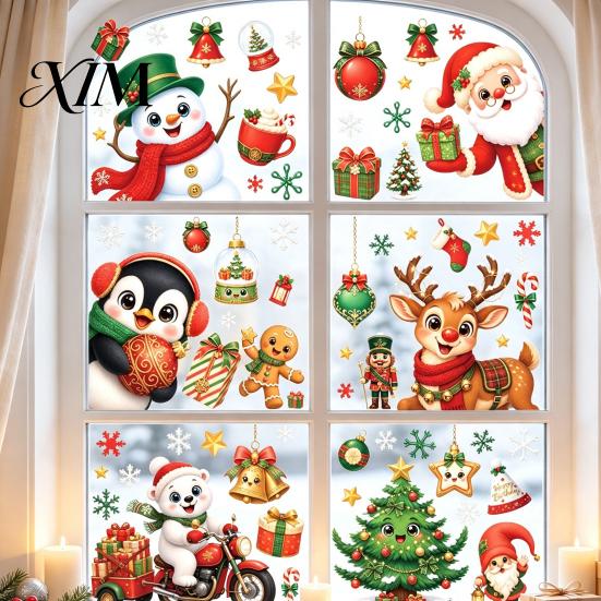 Easy Paste Window Decorations 6Pcs Christmas Cling, Santa Snowman Penguin Reindeer Static Glass Removable Holiday Decals for Storefront, No