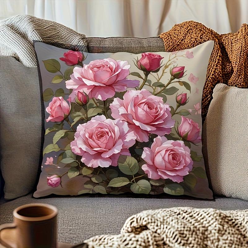 1Pc Watercolor Pink Rose Printed Throw Pillow Cover, Suitable For Sofa, Bedroom, Living Room, A Romantic Gift For Flower Lovers.