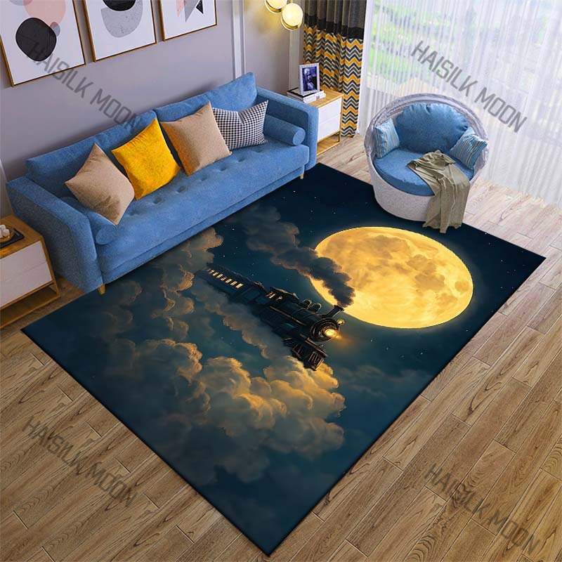 1 Stück Dampflok unter riesigem Vollmond Teppich für Wohnzimmer Schlafzimmer Sofa Heimdekoration Rus Rutschfeste Fußmatte Luxuriöses Geschenk