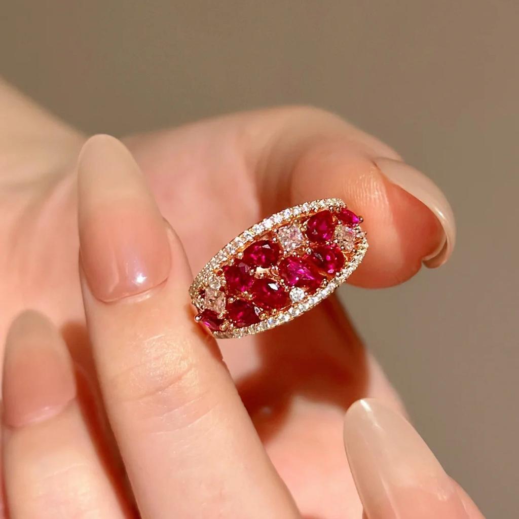 Seiko Red Corundum Ring Women'S Light Luxury Bubble Pomegranate Row Diamond Living Ring