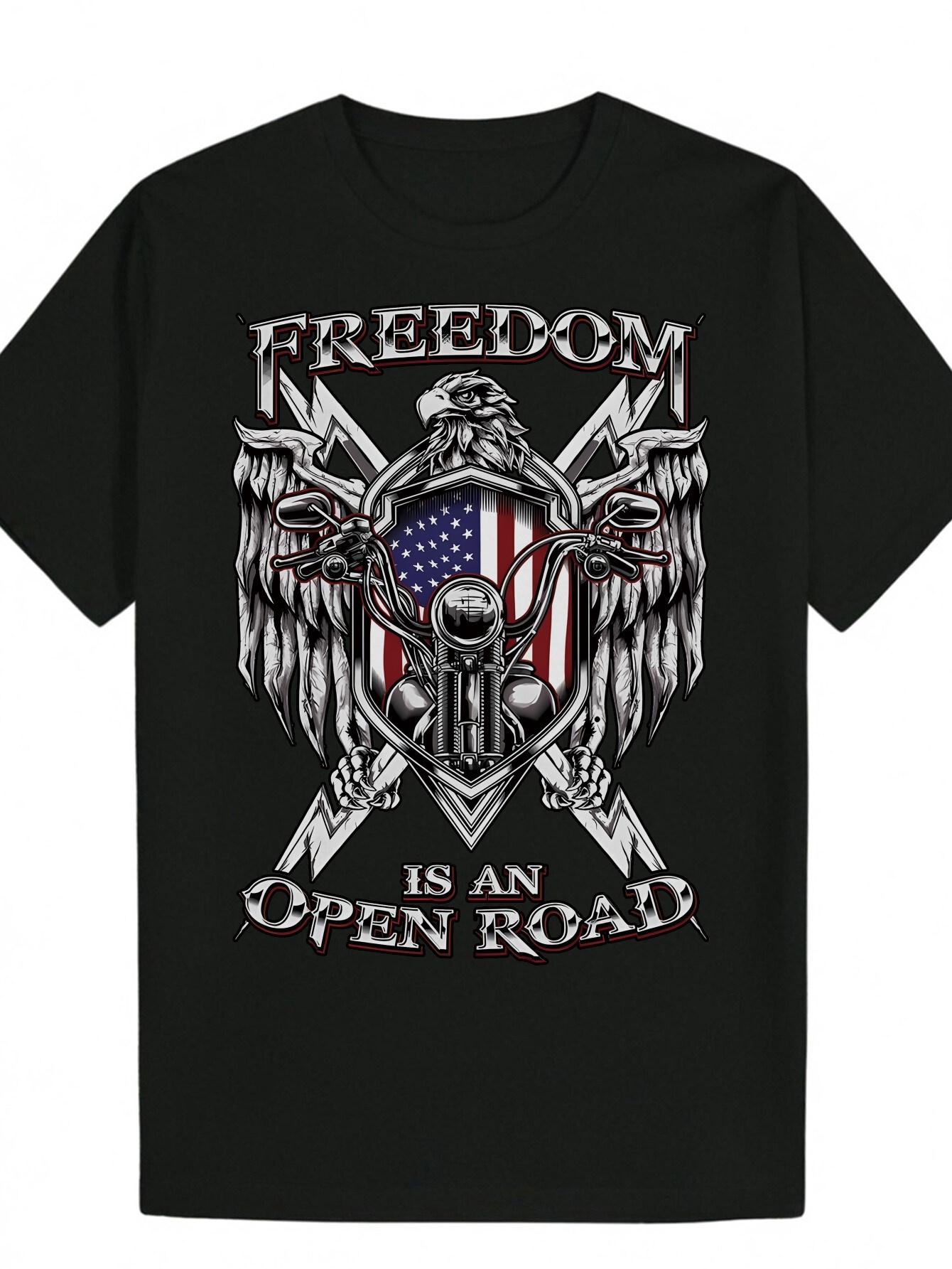 Patriotic Eagle Graphic T-shirt - Casual Summer Round Neck Polyester Tee with Freedom is an Open Road Design S
