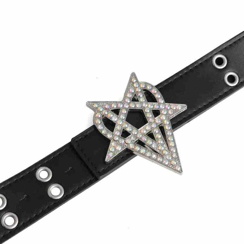 Punk Style Riveted Belt Men Women Y2K Inlaid Rhinestone Stars Buckle Bright Flash Gothic Air Eye Hollowed Vintage Waistband Belt
