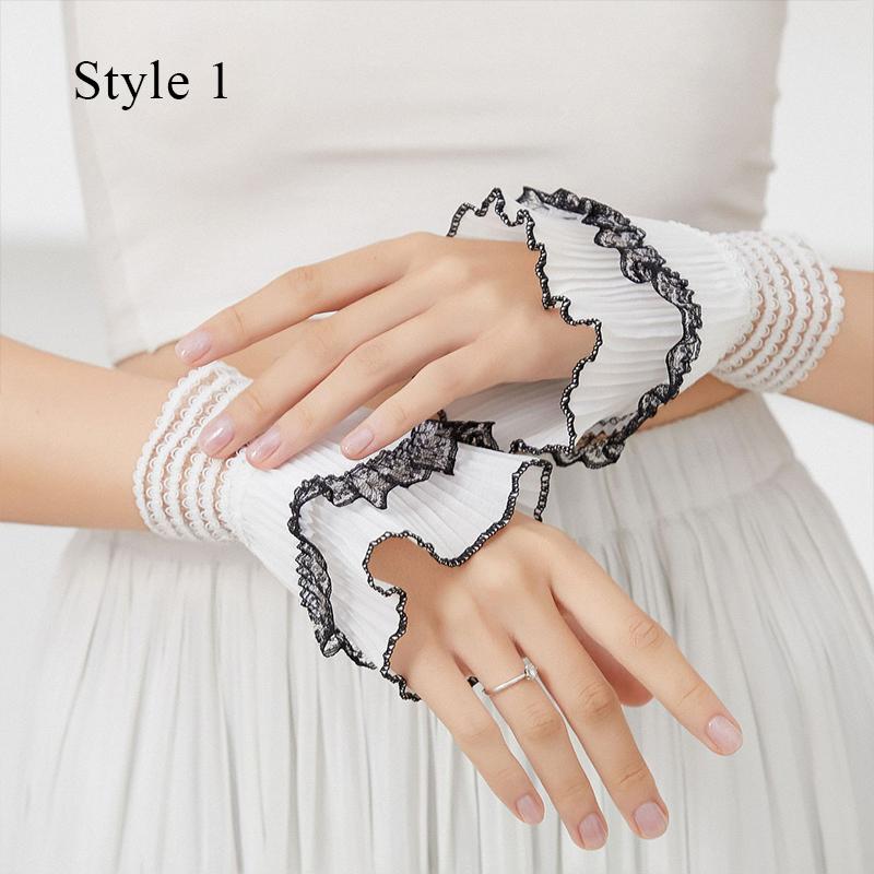 1Pair Detachable Cuffs Pearl Lace Mesh Fake Flared Sleeves Double Layer Pleated Ruched False Cuffs Sweater Blouse Wrist Warmers