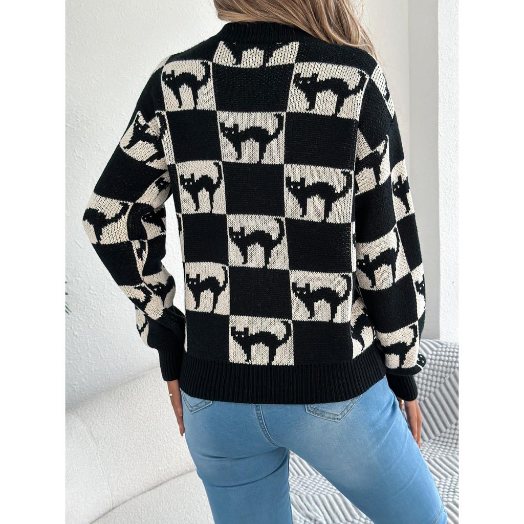 HNXC Autumn Winter Halloween Checkered Lantern Long-sleeved Pullover Sweater Women's Clothing